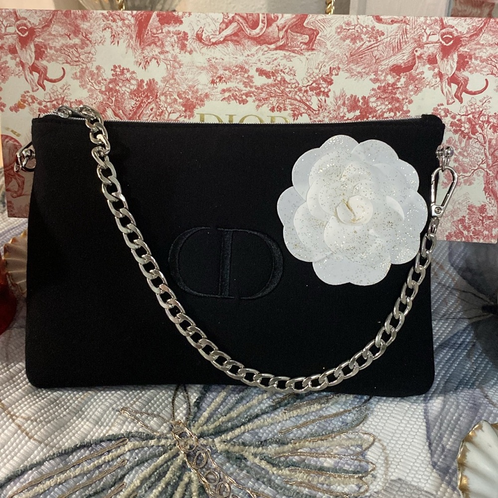Dior Black Cosmetic Bag with Silver Chain and White Flower